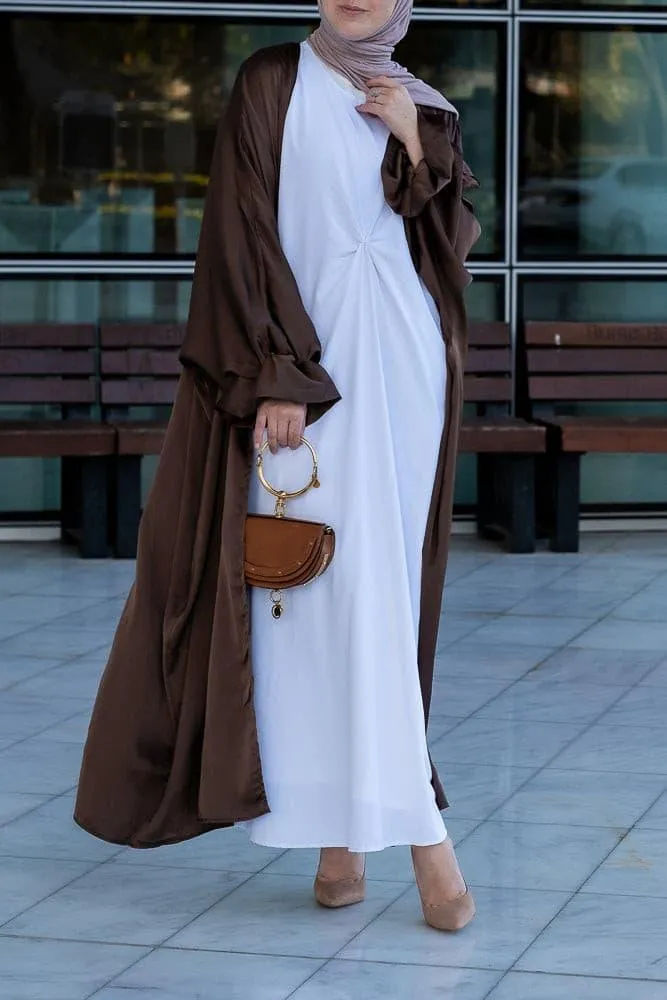 Loves open front maxi satin abaya throw over in chocolate brown