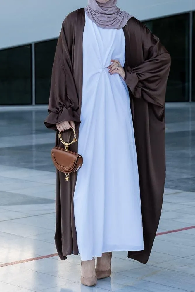 Loves open front maxi satin abaya throw over in chocolate brown