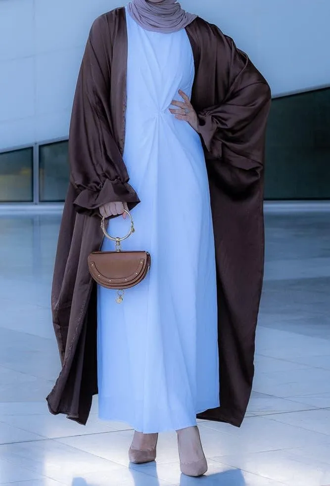 Loves open front maxi satin abaya throw over in chocolate brown