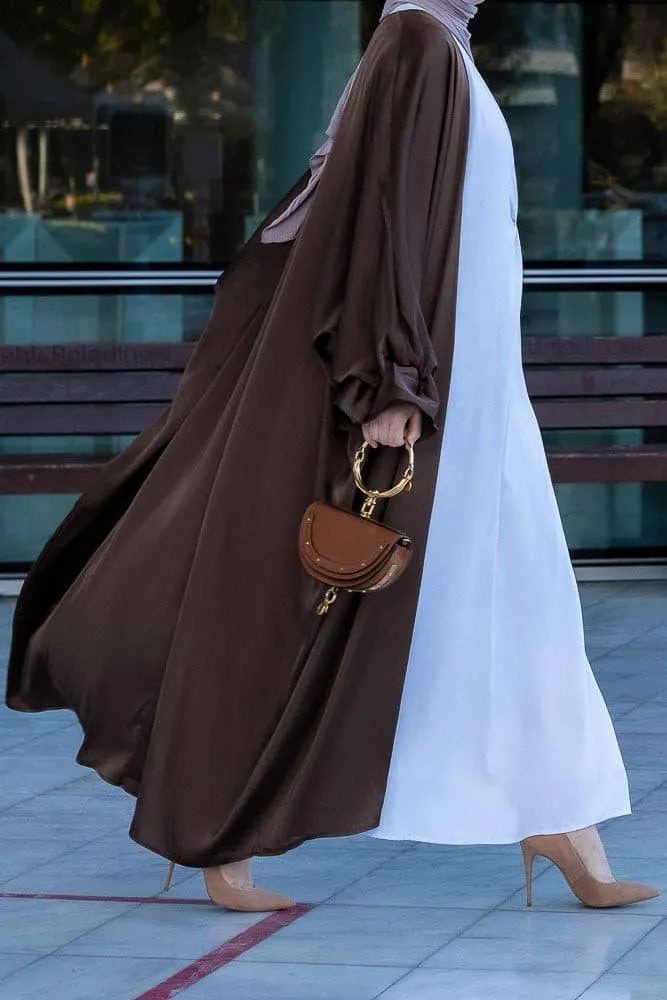 Loves open front maxi satin abaya throw over in chocolate brown