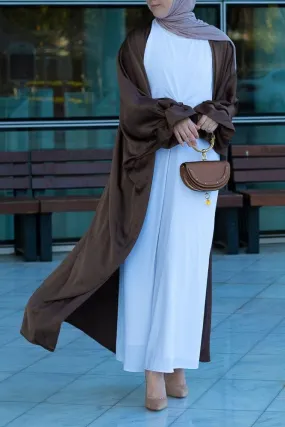 Loves open front maxi satin abaya throw over in chocolate brown