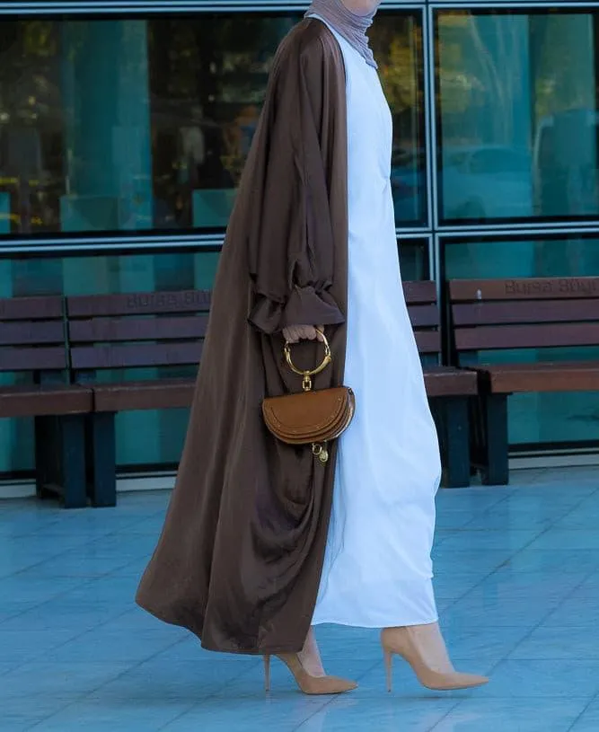 Loves open front maxi satin abaya throw over in chocolate brown