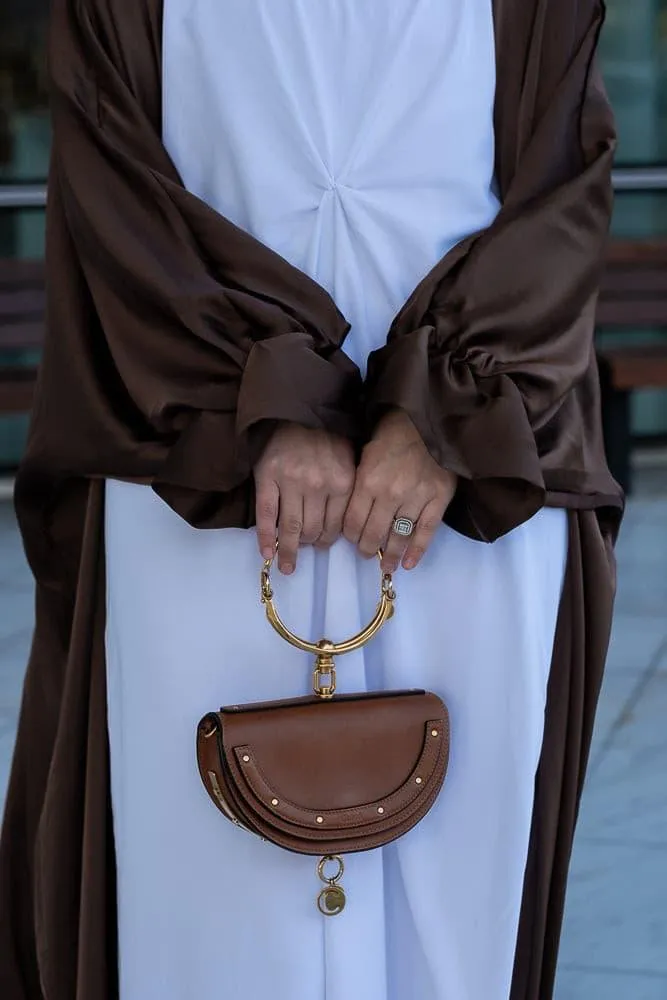 Loves open front maxi satin abaya throw over in chocolate brown