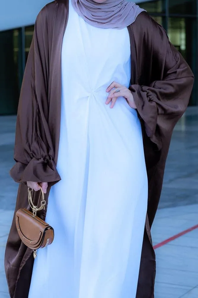 Loves open front maxi satin abaya throw over in chocolate brown