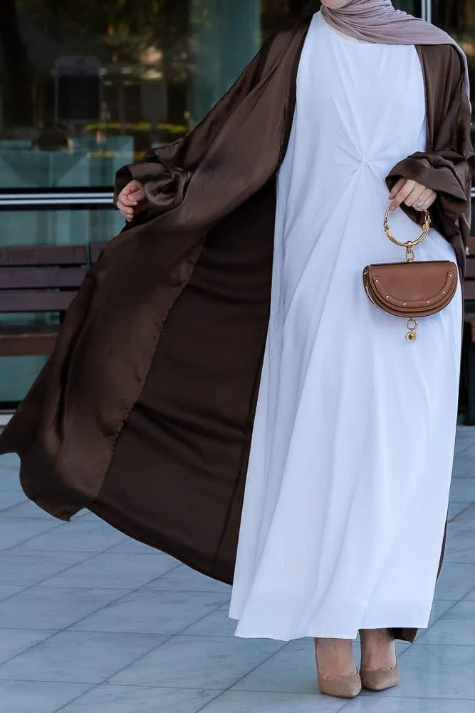 Loves open front maxi satin abaya throw over in chocolate brown