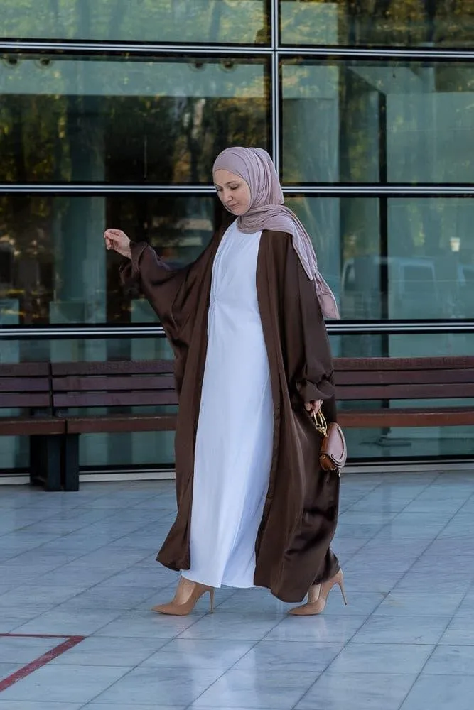 Loves open front maxi satin abaya throw over in chocolate brown