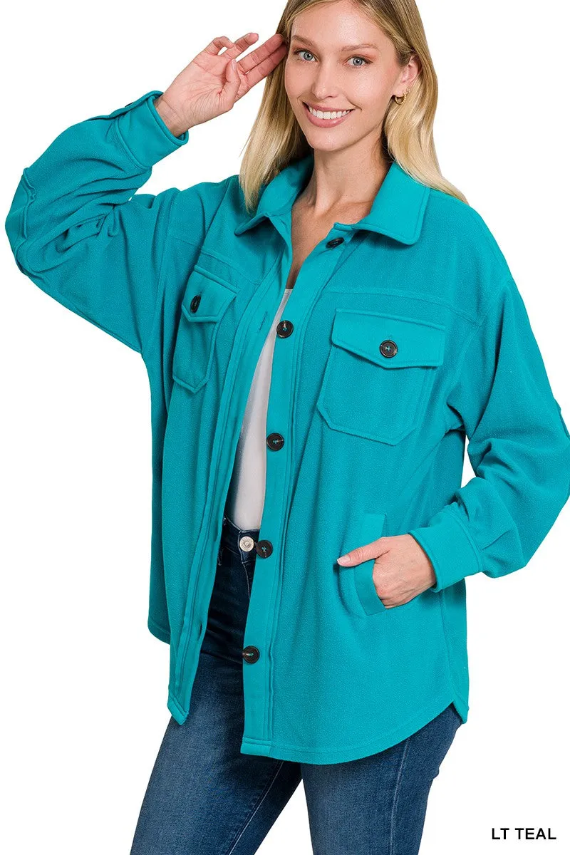 Lt Teal Oversized Basic Fleece Shacket