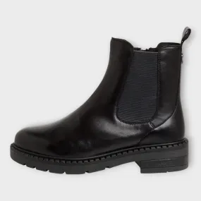 Marco Tozzi Black Leather Chelsea Boots with Side Zip and Chunky Sole