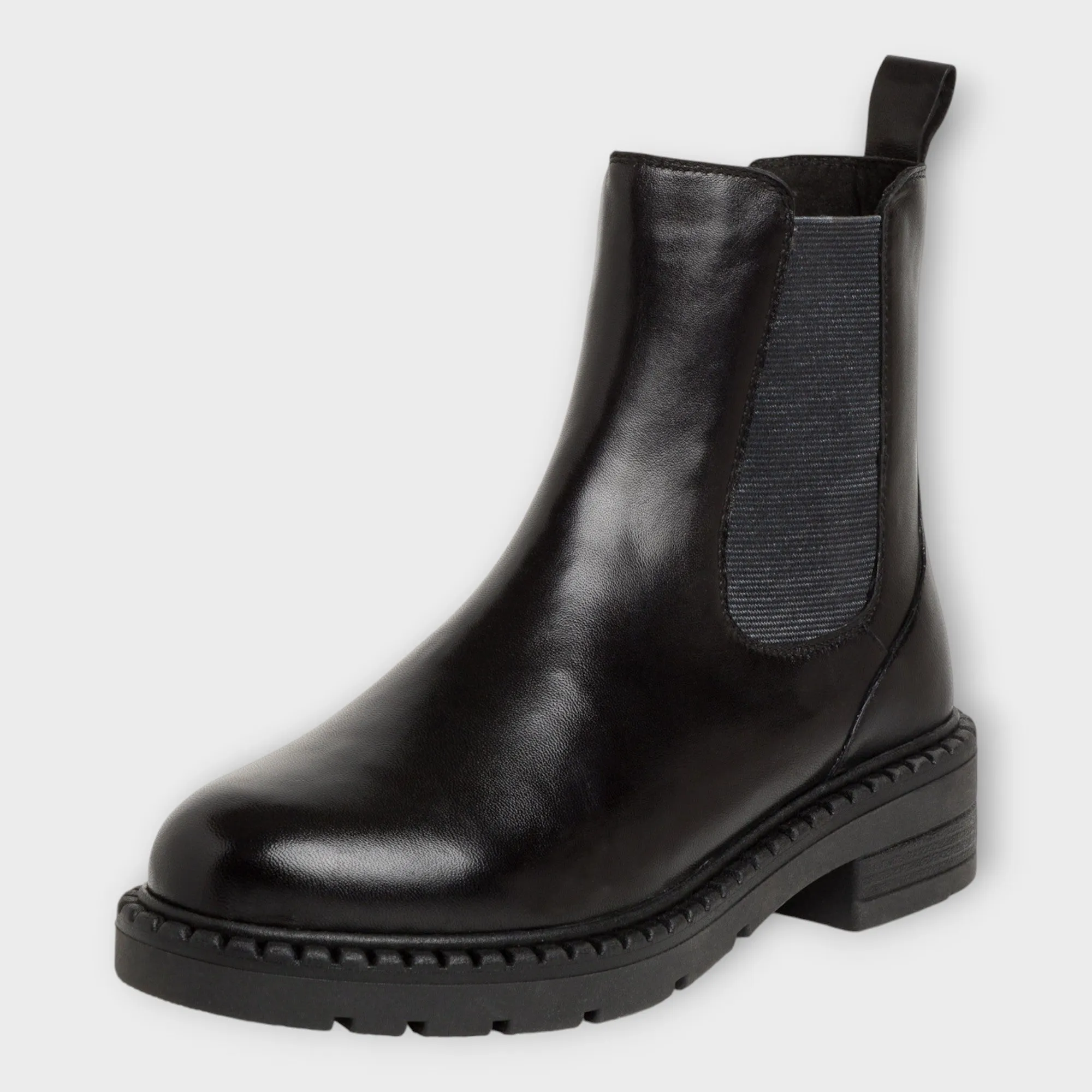 Marco Tozzi Black Leather Chelsea Boots with Side Zip and Chunky Sole