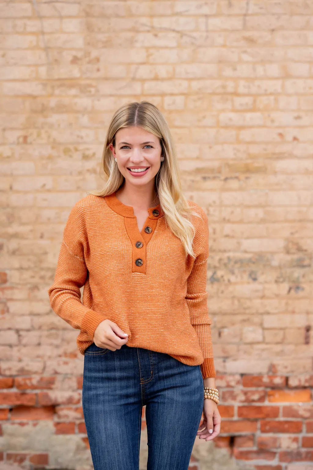 Marled Solid Trim Button Sweater