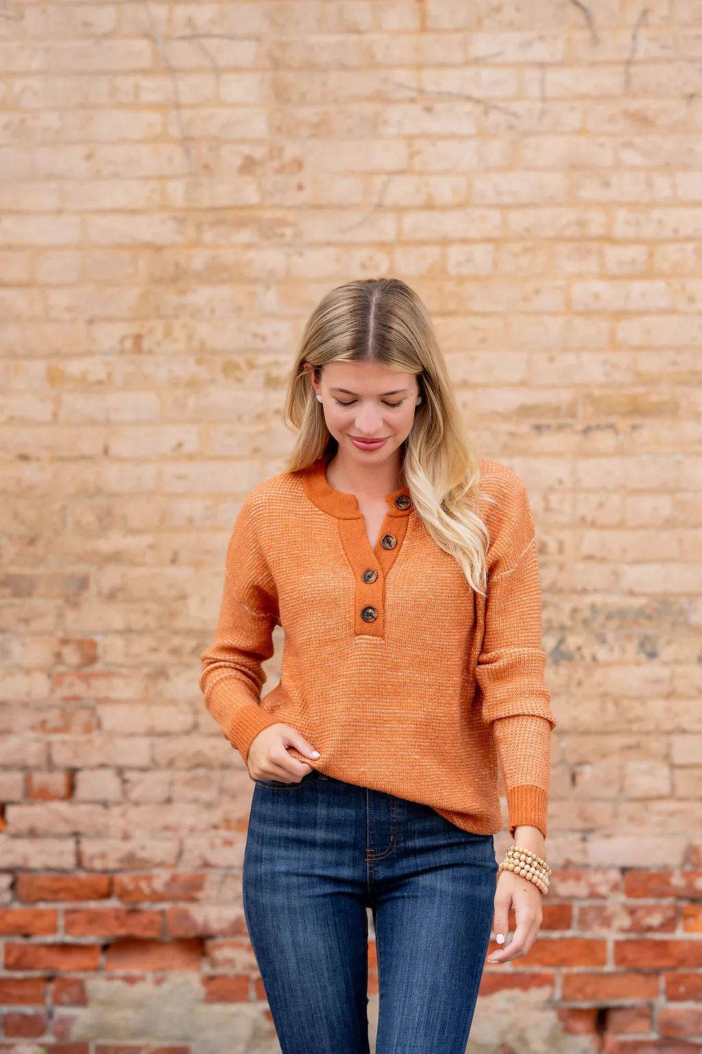 Marled Solid Trim Button Sweater