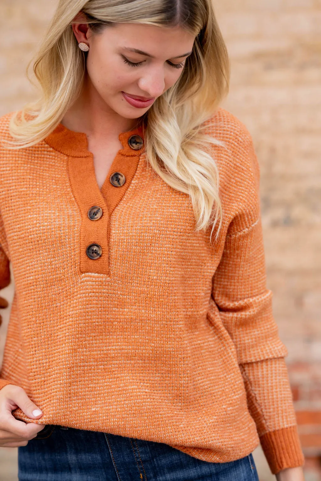 Marled Solid Trim Button Sweater