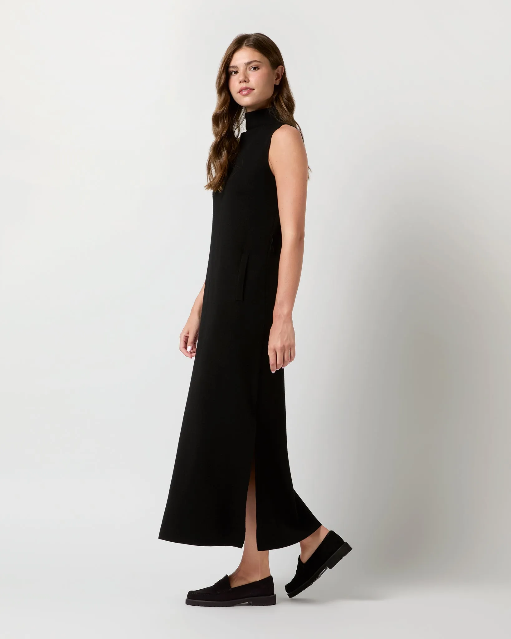 Maya Funnel-Neck Dress in Black Extra Fine Merino Wool