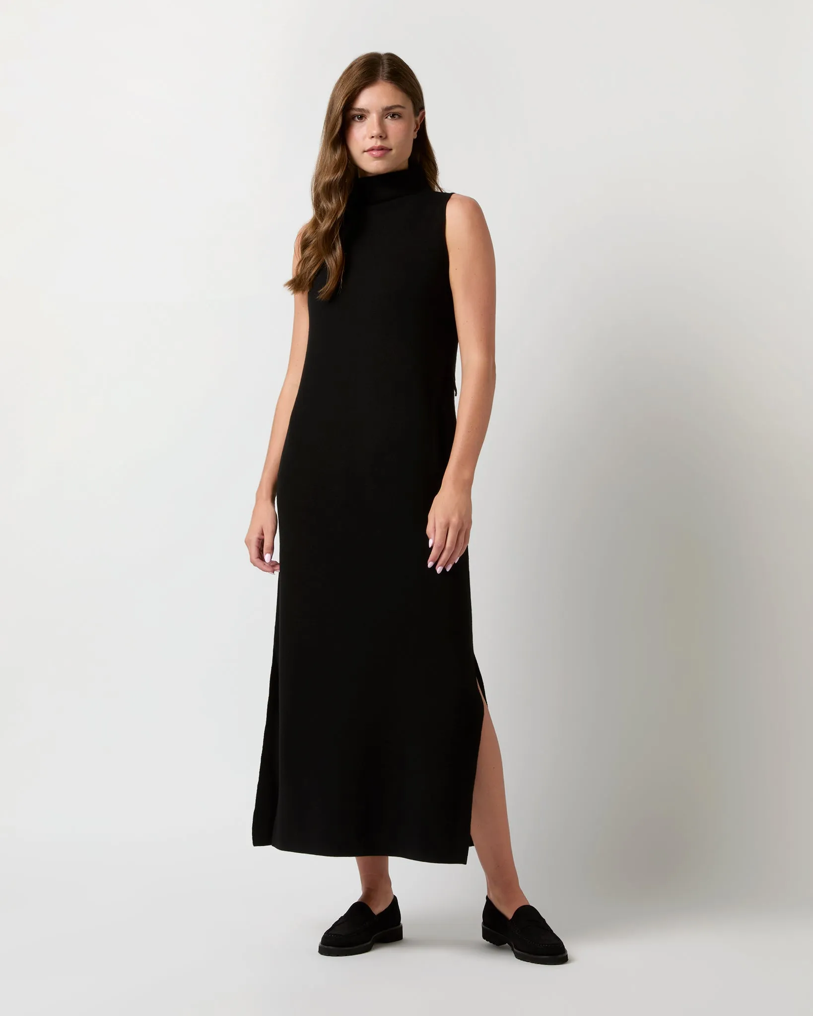 Maya Funnel-Neck Dress in Black Extra Fine Merino Wool