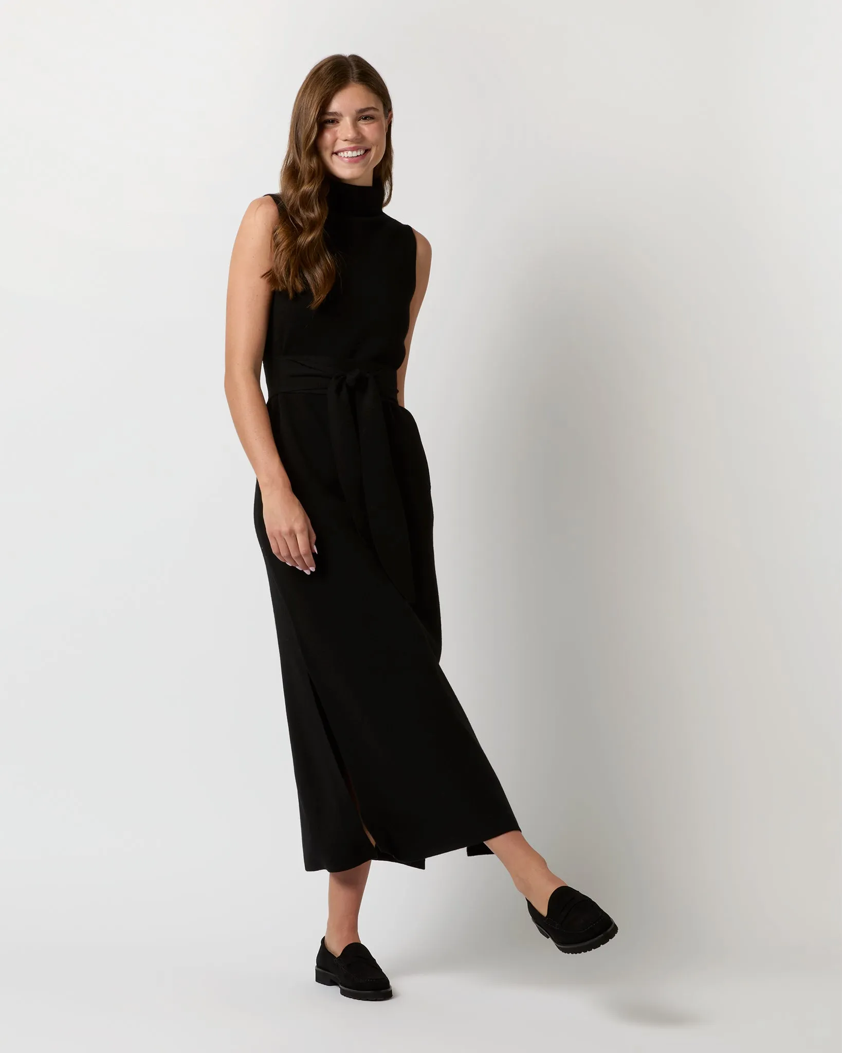 Maya Funnel-Neck Dress in Black Extra Fine Merino Wool