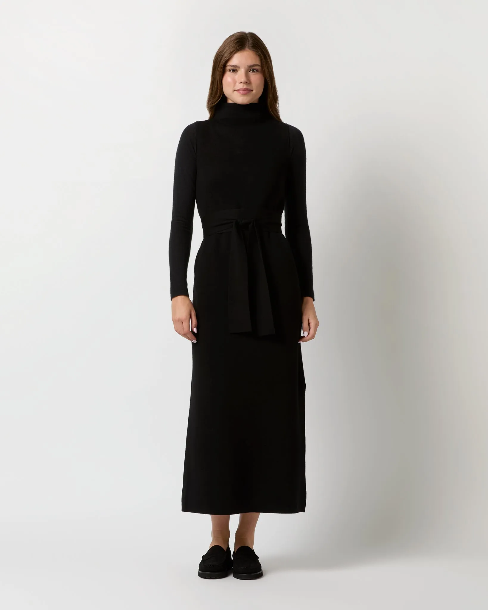 Maya Funnel-Neck Dress in Black Extra Fine Merino Wool