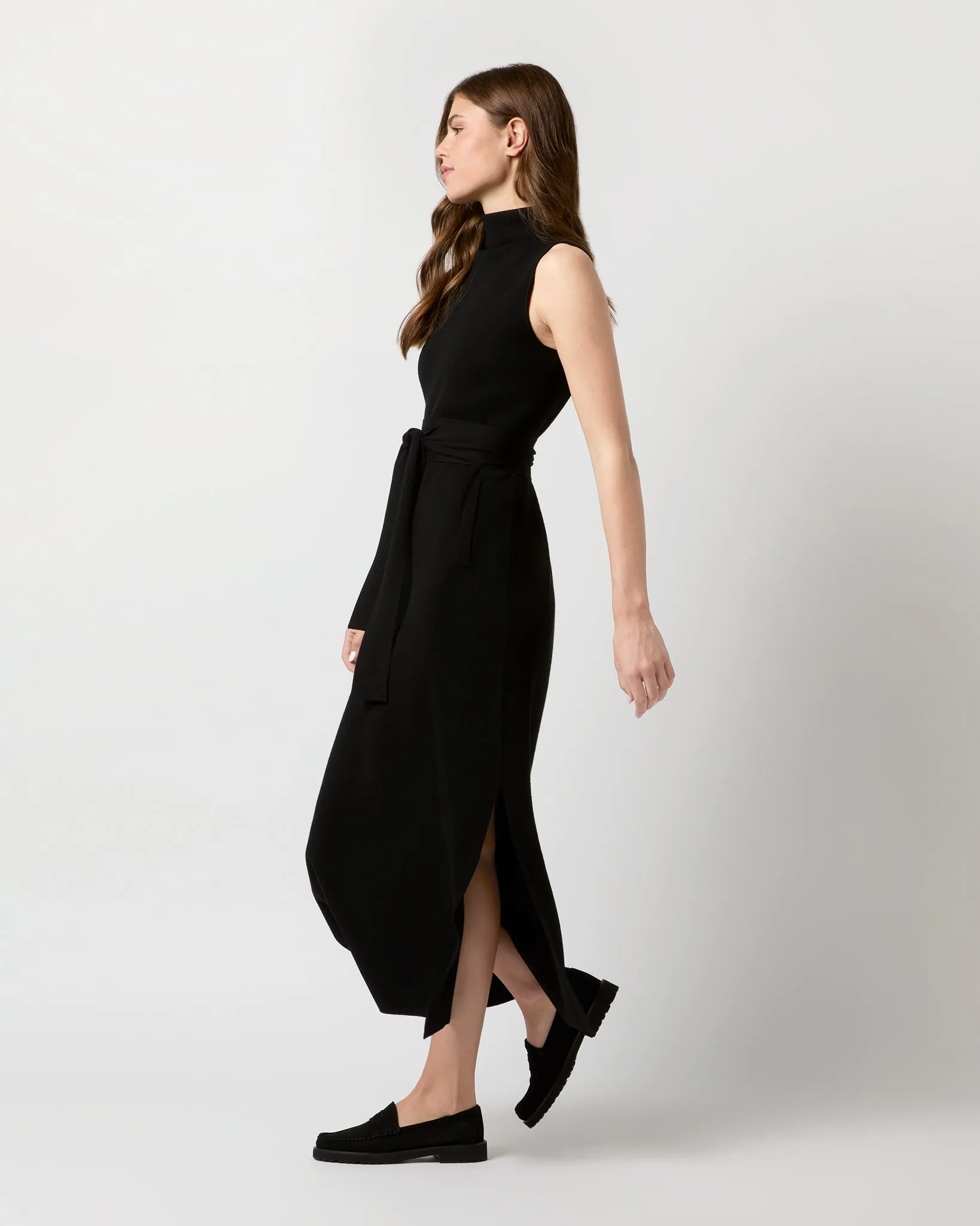 Maya Funnel-Neck Dress in Black Extra Fine Merino Wool