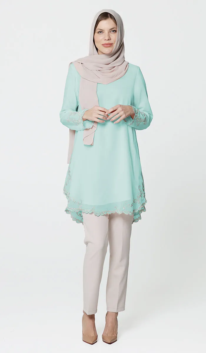 Meena Chiffon Formal Embroidered Long Modest Tunic - Aqua Blue