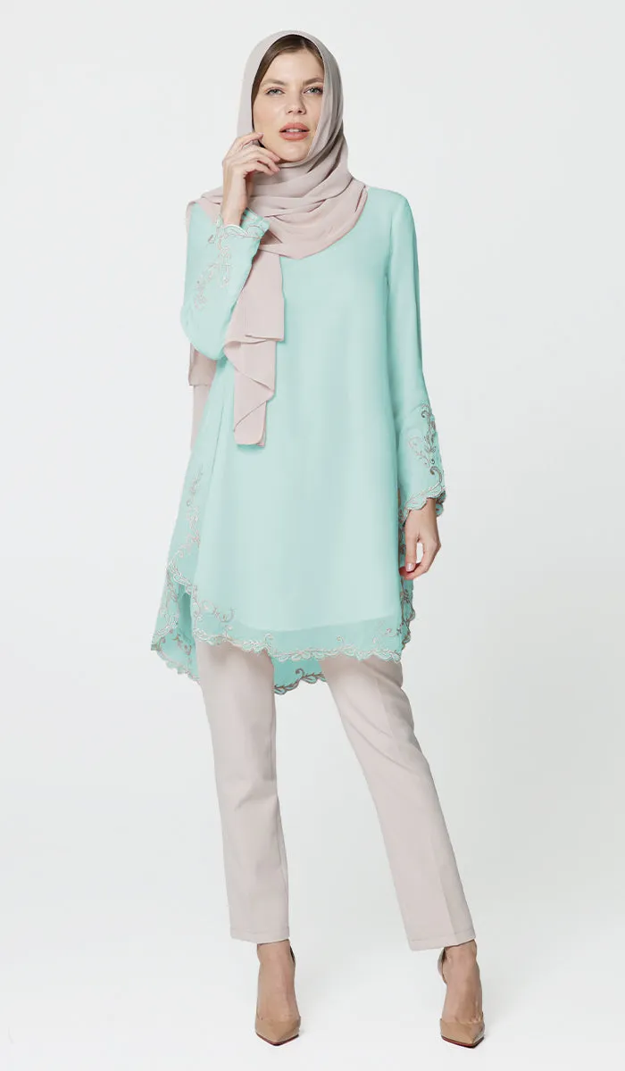 Meena Chiffon Formal Embroidered Long Modest Tunic - Aqua Blue