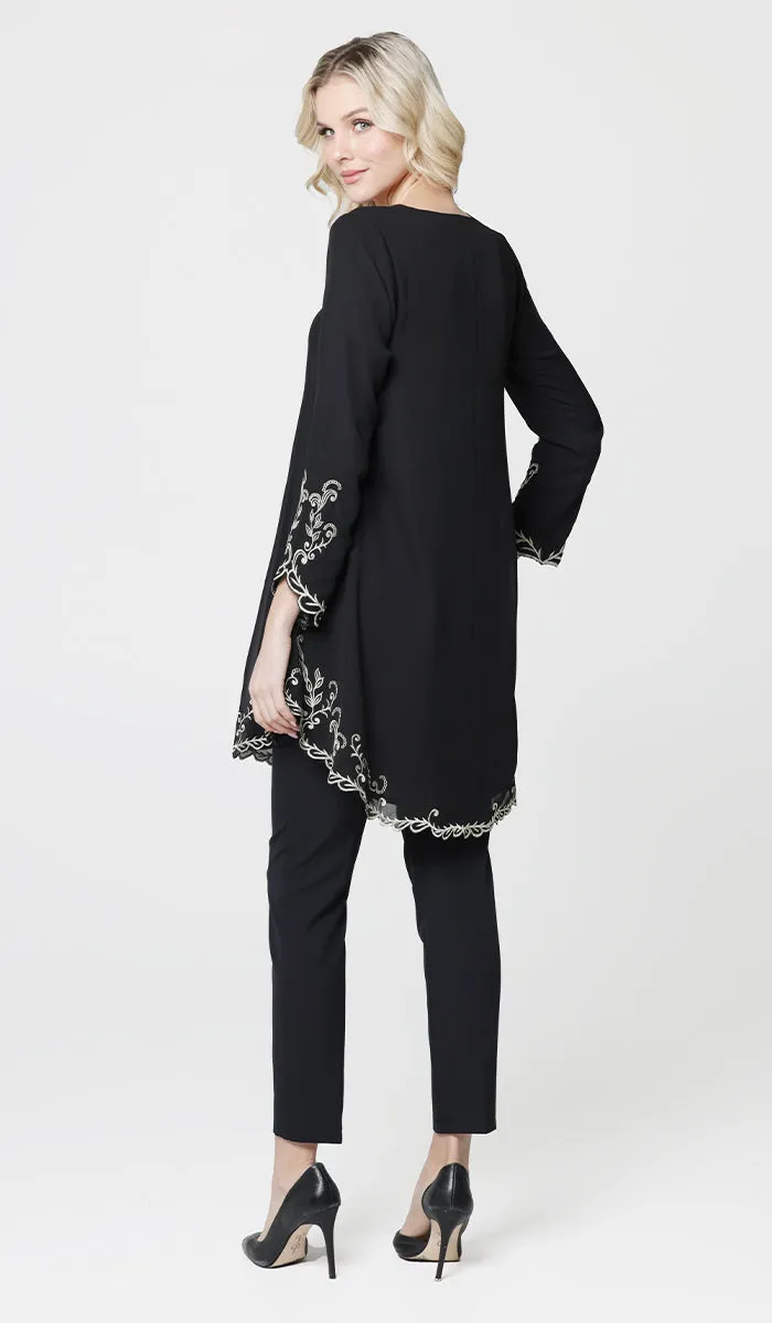 Meena Chiffon Formal Embroidered Long Modest Tunic - Black