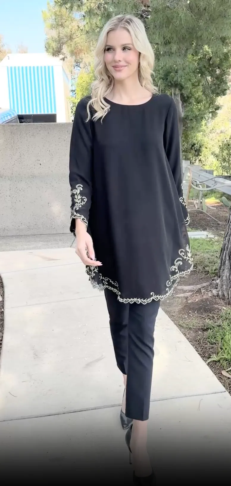 Meena Chiffon Formal Embroidered Long Modest Tunic - Black