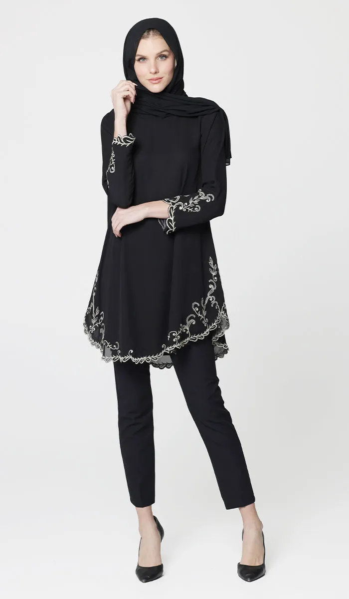 Meena Chiffon Formal Embroidered Long Modest Tunic - Black