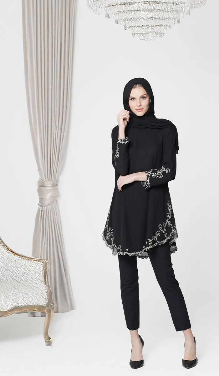 Meena Chiffon Formal Embroidered Long Modest Tunic - Black