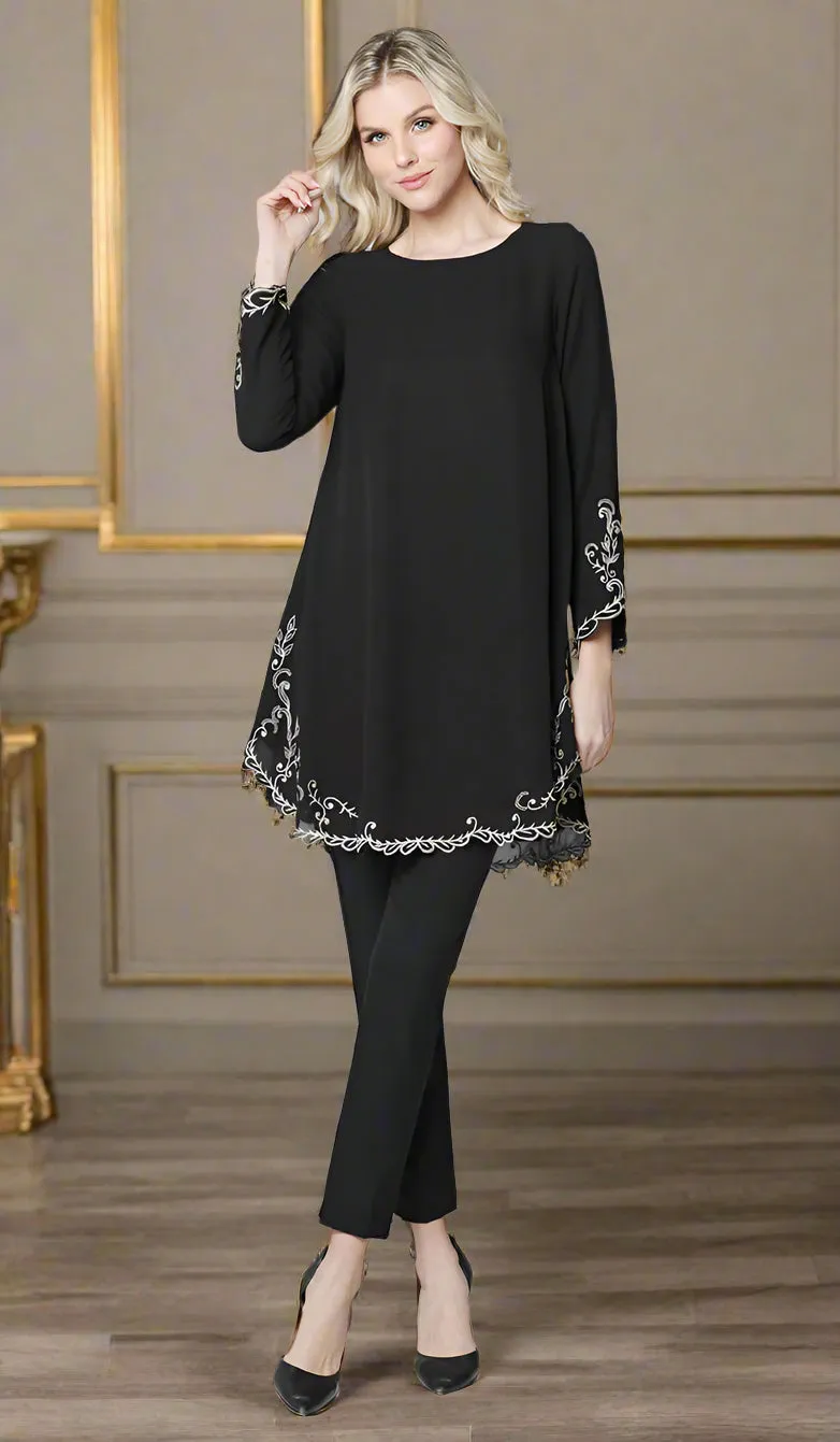 Meena Chiffon Formal Embroidered Long Modest Tunic - Black