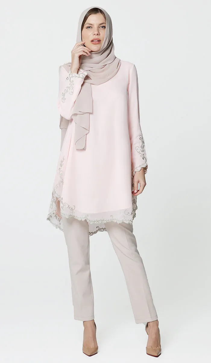 Meena Chiffon Formal Embroidered Long Modest Tunic - Blush - PREORDER (ships in 2 weeks)