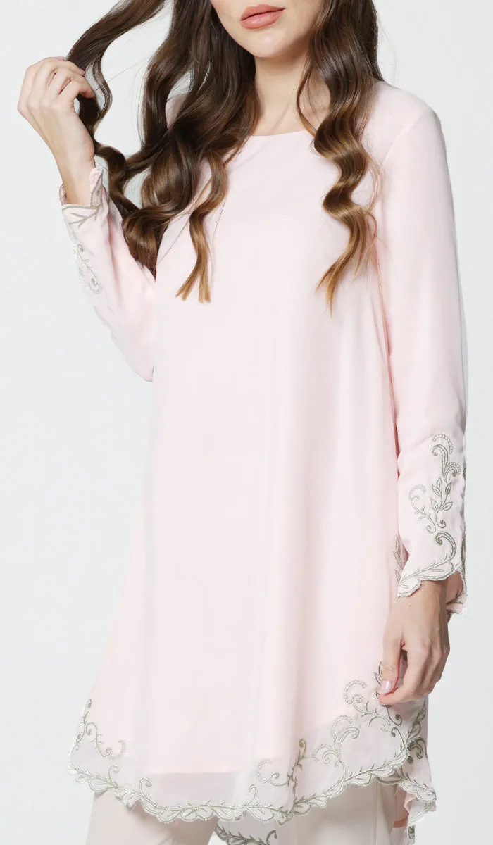 Meena Chiffon Formal Embroidered Long Modest Tunic - Blush - PREORDER (ships in 2 weeks)