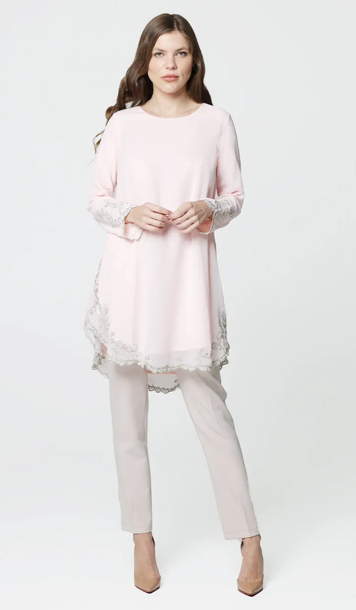 Meena Chiffon Formal Embroidered Long Modest Tunic - Blush - PREORDER (ships in 2 weeks)