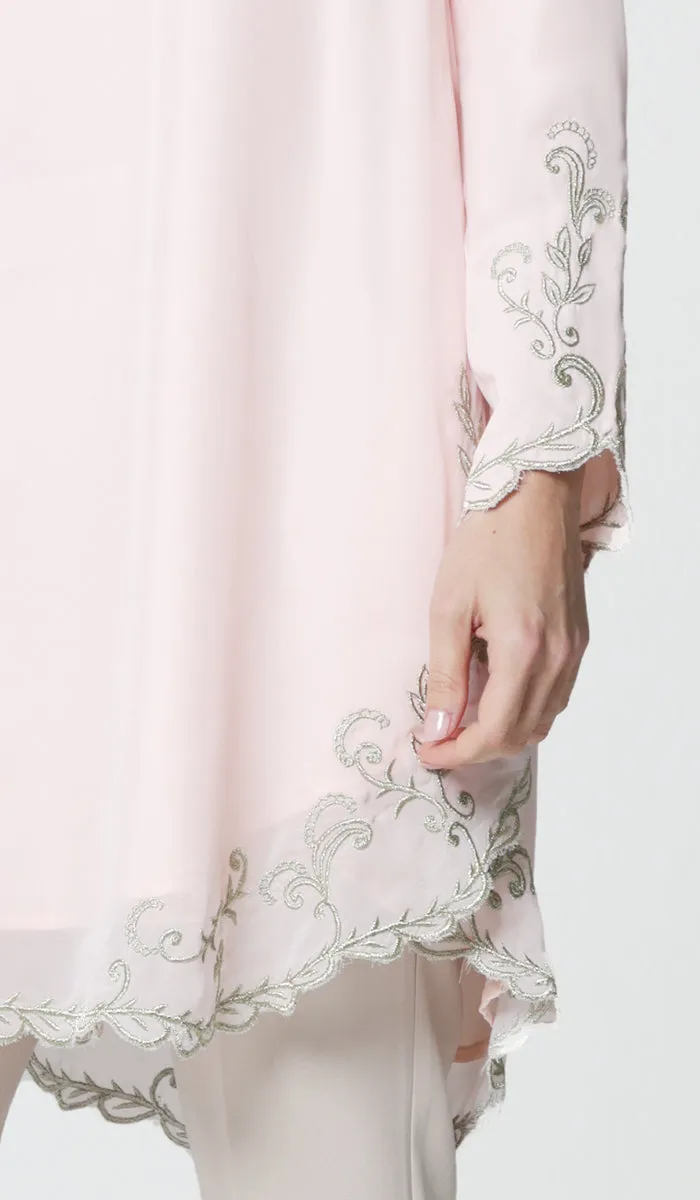 Meena Chiffon Formal Embroidered Long Modest Tunic - Blush - PREORDER (ships in 2 weeks)