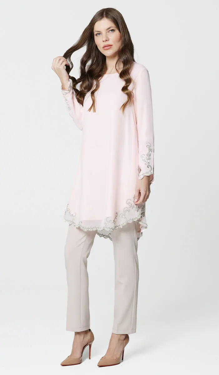 Meena Chiffon Formal Embroidered Long Modest Tunic - Blush - PREORDER (ships in 2 weeks)