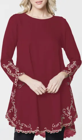 Meena Chiffon Formal Embroidered Long Modest Tunic - Maroon - PREORDER (ships in 2 weeks)