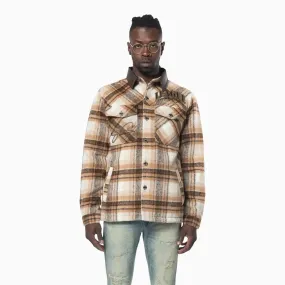 Men's Vegan Leather Collar Plaid Shacket Shirt