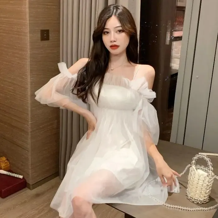 Mesh Fairy Dress Women Sundress Summer Spaghetti Stap Slip Elegant Off Shoulder Black Dress Sweet Kawaii Cute Fashion