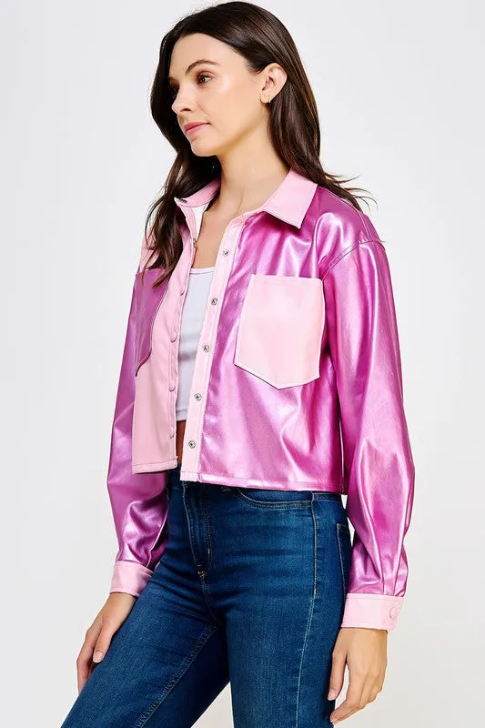 Metallic Hot Pink Cropped Faux Leather Shacket