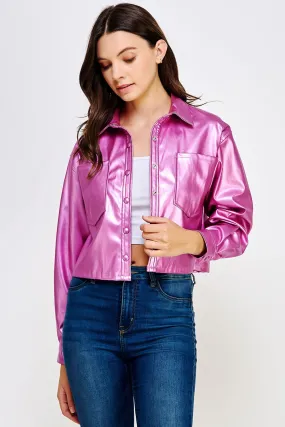 Metallic Hot Pink Cropped Faux Leather Shacket