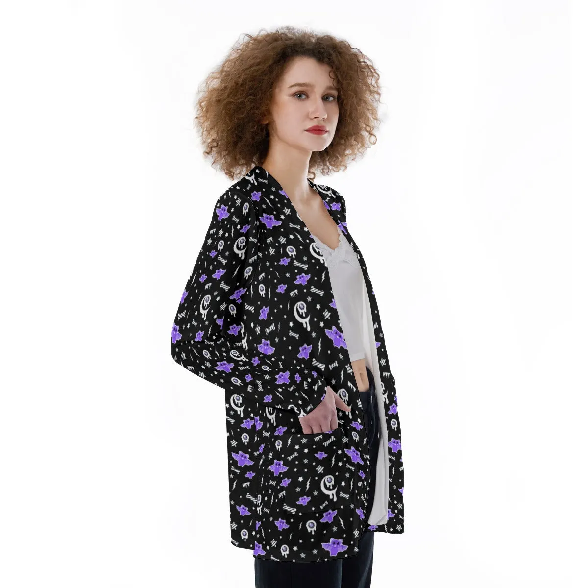 Milky Bat Night Open Front Lightweight Cardigan With Pockets (Black)