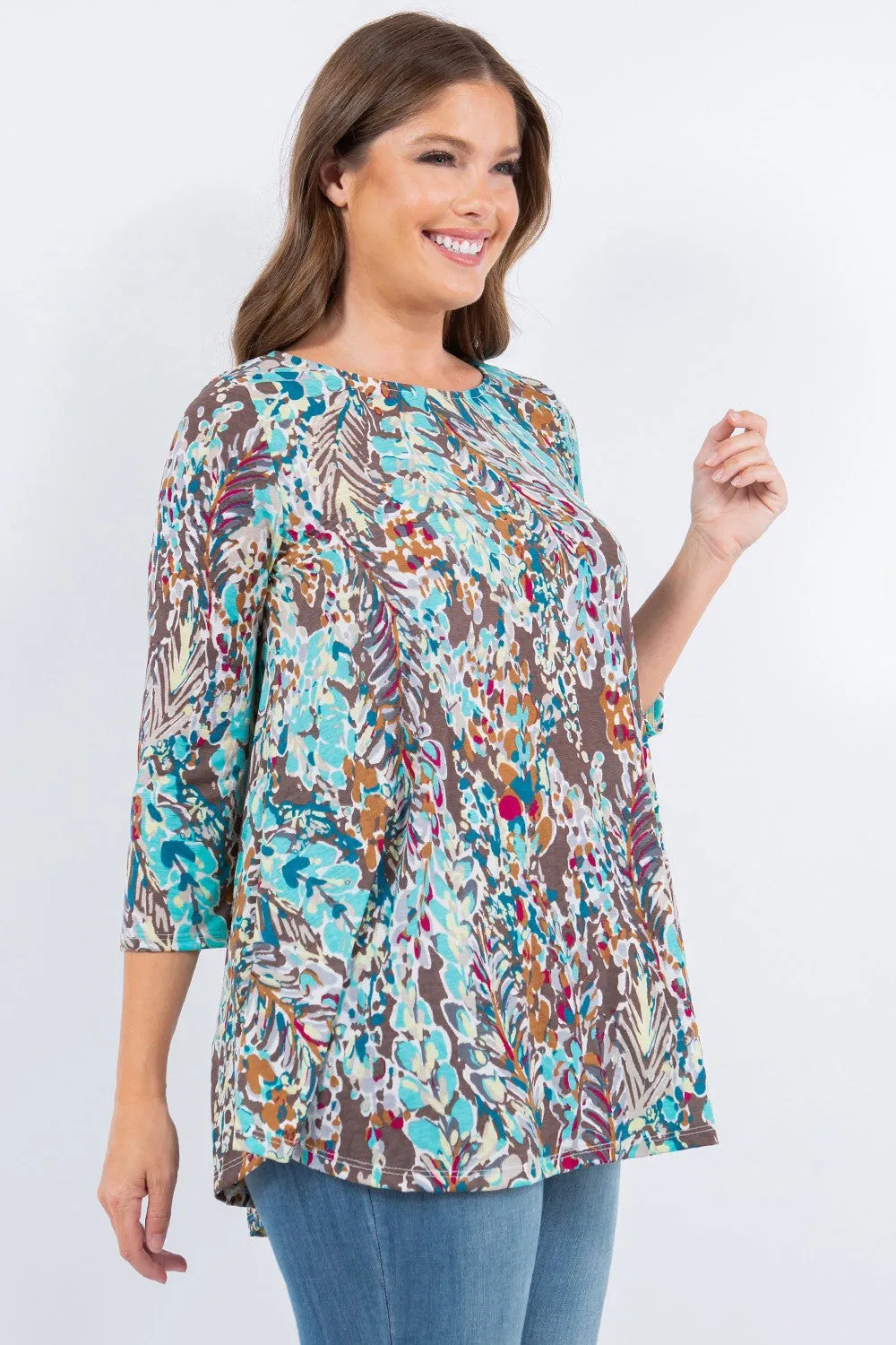 Mint-Brown Tropical Print 3/4 Tunic Top