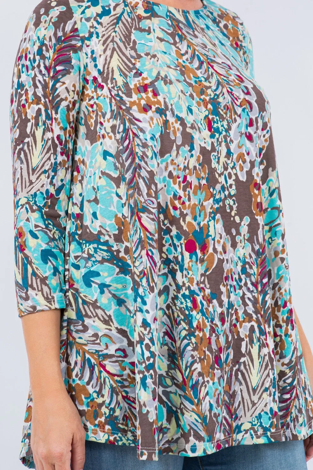 Mint-Brown Tropical Print 3/4 Tunic Top