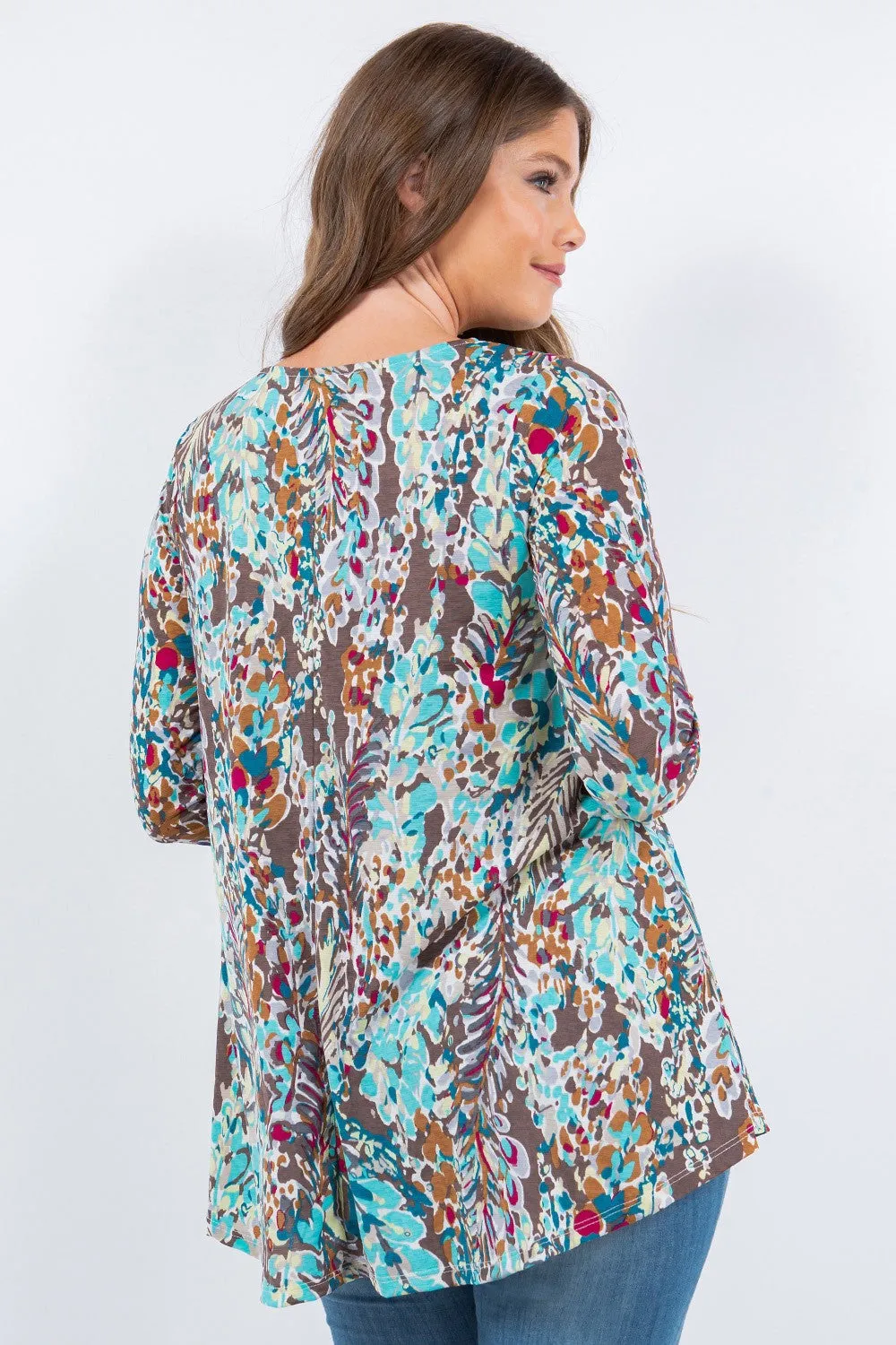 Mint-Brown Tropical Print 3/4 Tunic Top