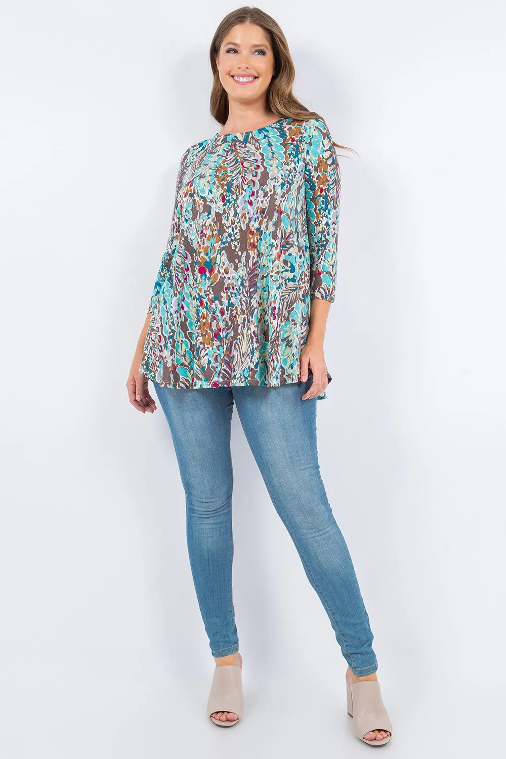 Mint-Brown Tropical Print 3/4 Tunic Top