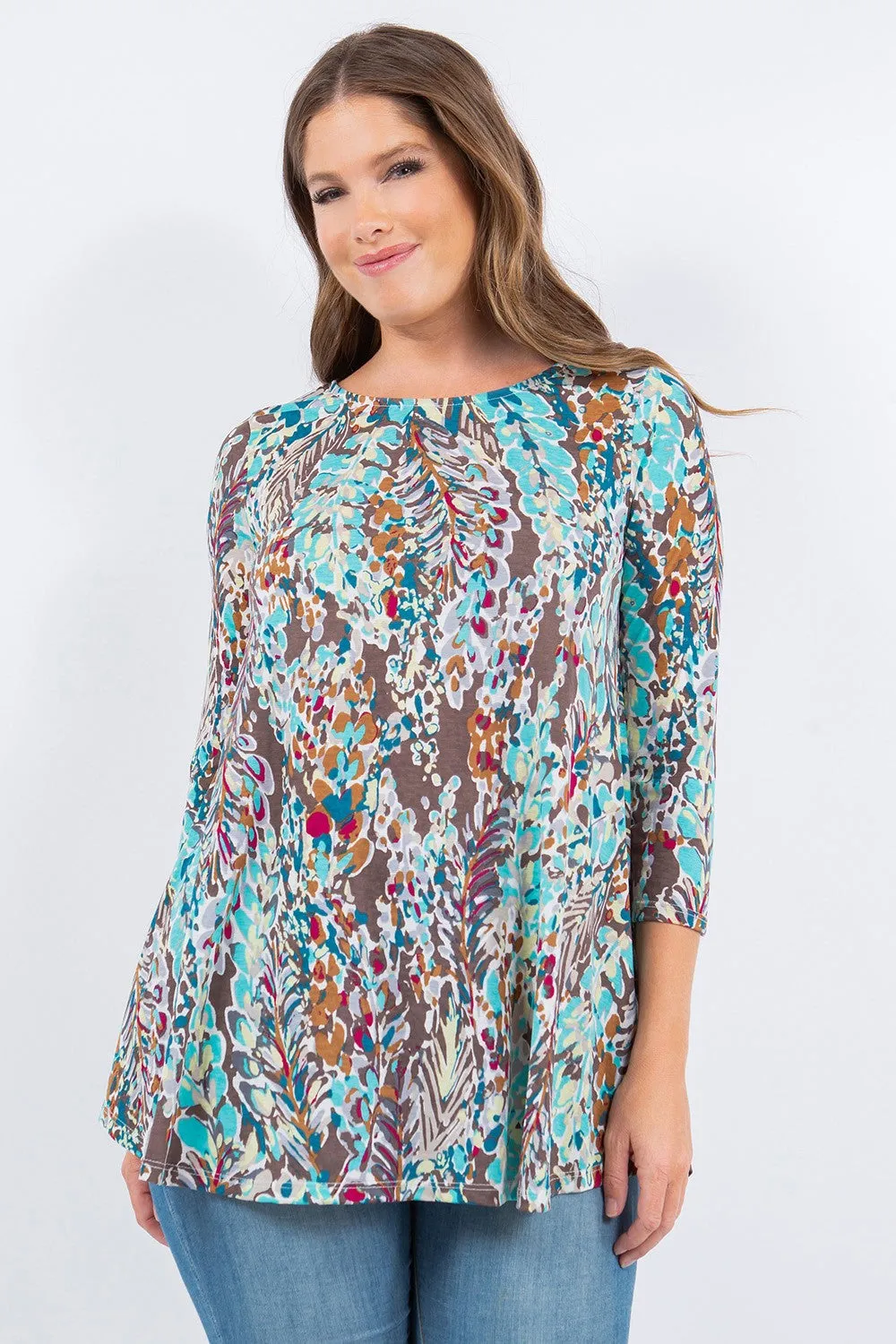 Mint-Brown Tropical Print 3/4 Tunic Top