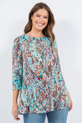 Mint-Brown Tropical Print 3/4 Tunic Top