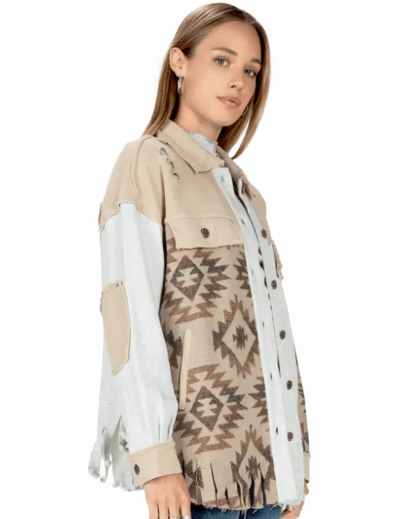 Miss Me Women's Taupe Aztec Button Down Shacket MJ0488L