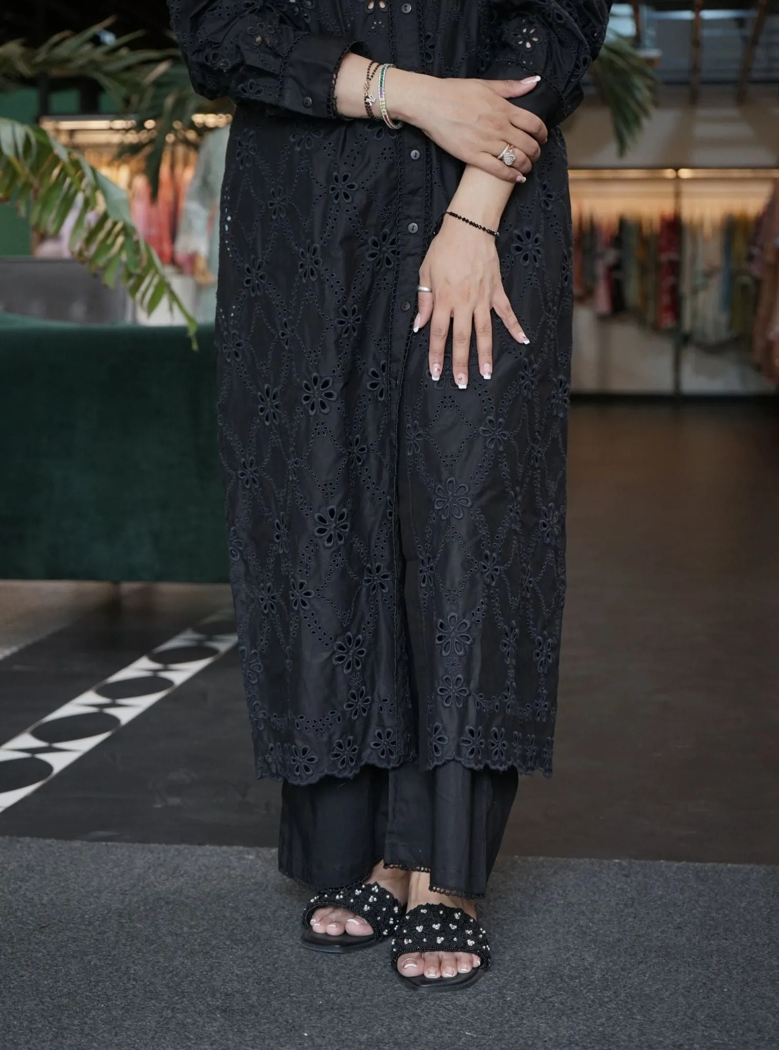 Mulmul Cotton Trix Black Long Shirt with Mulmul Cotton Trix Black Pant