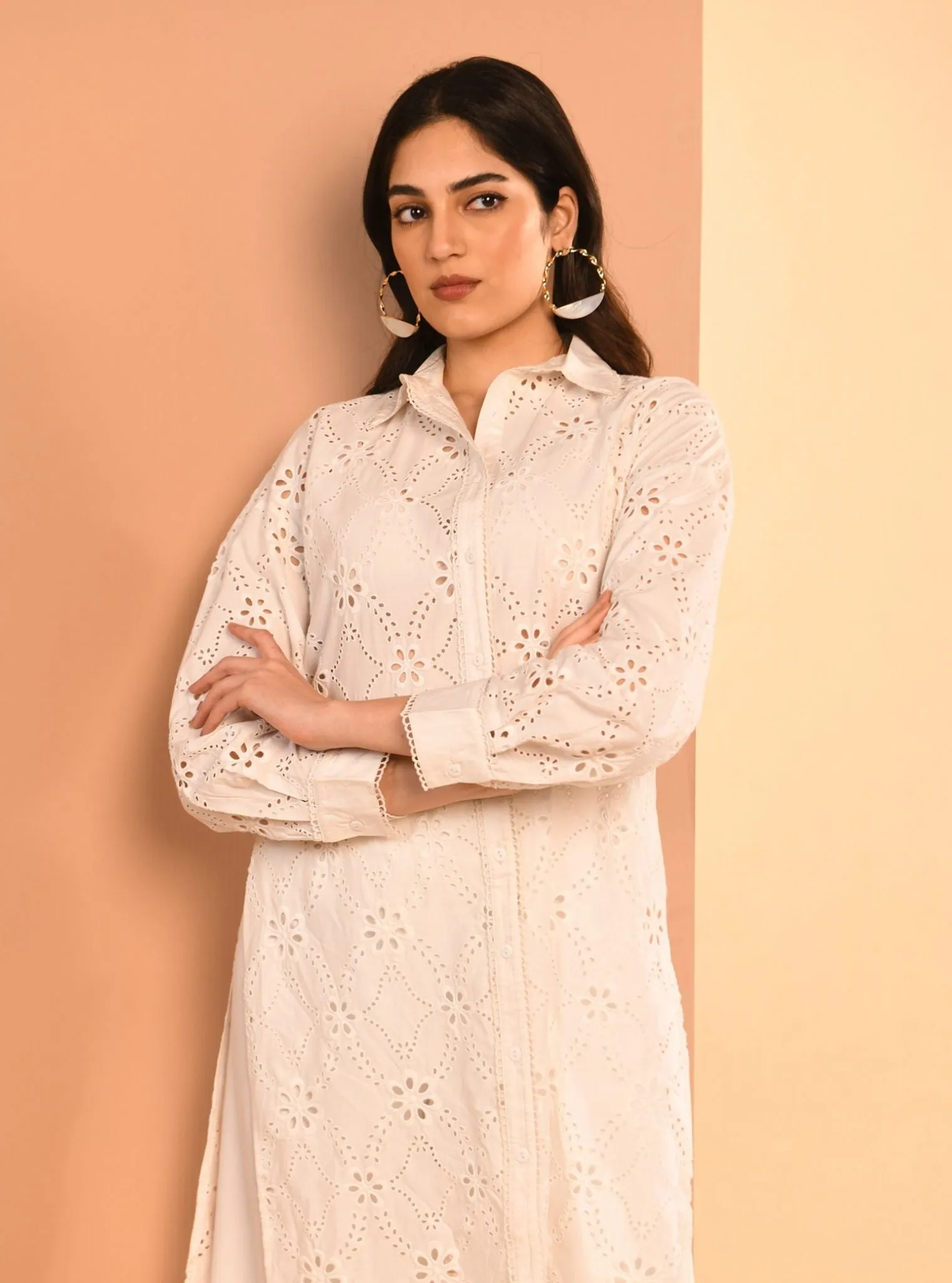 Mulmul Cotton Trix White Long Shirt