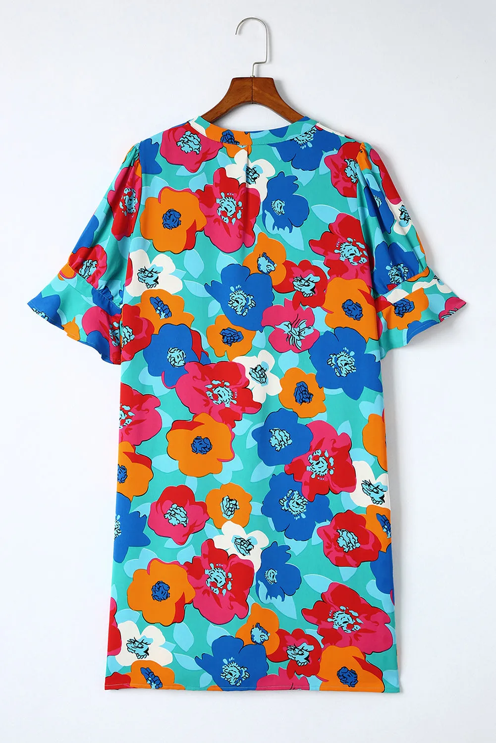 Multicolor Floral Print Mandarin Collar Short Sleeve Tunic Dress