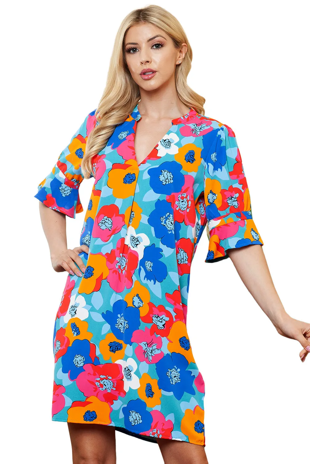 Multicolor Floral Print Mandarin Collar Short Sleeve Tunic Dress